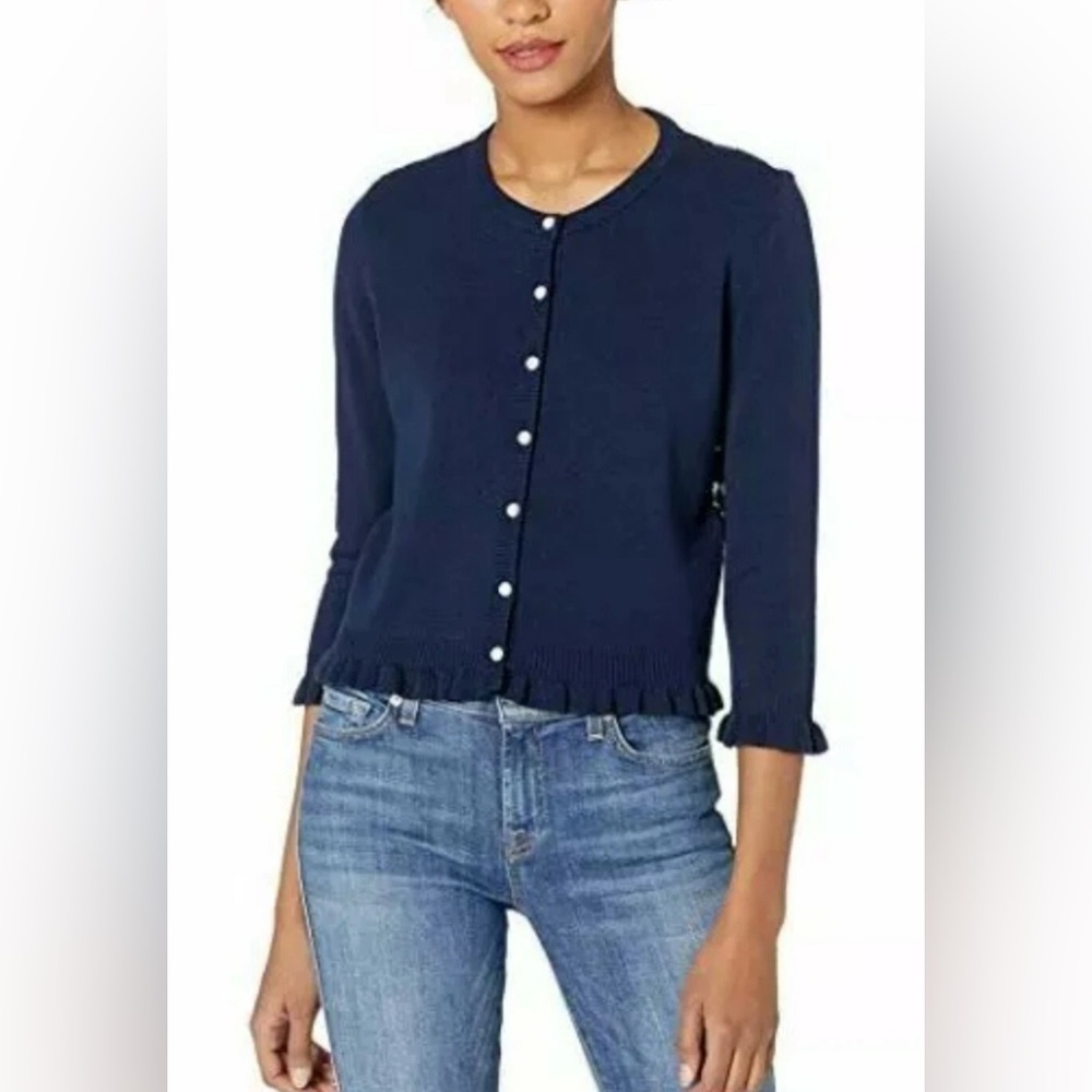 NWT Karl Lagerfeld navy blue cardigan with pearl buttons and black lace back